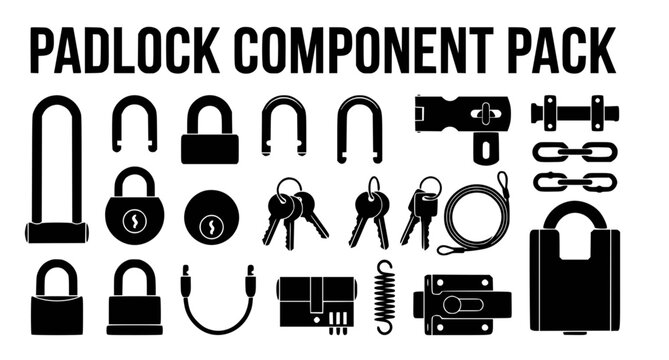 Detailed padlock component pack showing keys and internal locking mechanisms for engineering schematics