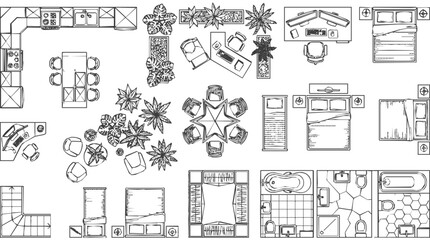 Obraz premium Comprehensive Set of Hand Drawn Furniture Symbols for Floor Plan Layouts and Interior Design Projects featuring Architectural Icons in Top View