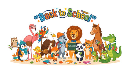 Back to School Animals: A whimsical collection of anthropomorphic animals, from owls and penguins to lions and pandas, dressed in school attire, stands ready for a new academic adventure. © Azizun