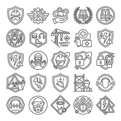Fototapeta premium Comprehensive Industrial Safety and Protection Icons Set Featuring Essential Personal Protective Equipment Symbols for Construction and Engineering