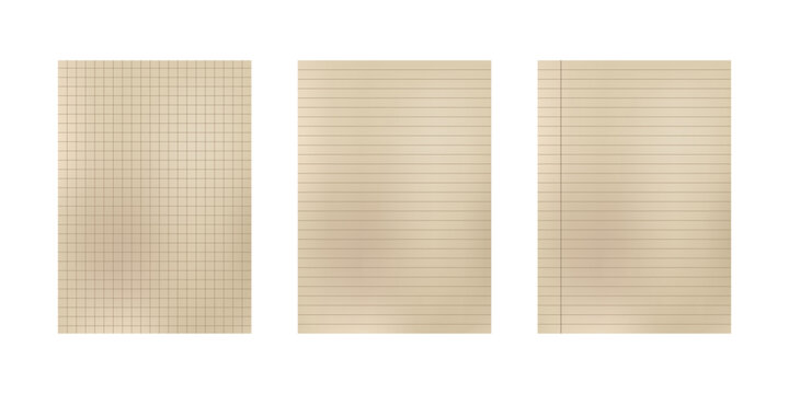 A4 Size Variety of Paper Types Including Grid, Ruled, and Notebook Sheets Arranged Side by Side on Neutral Background for Stationery and Academic Mockup