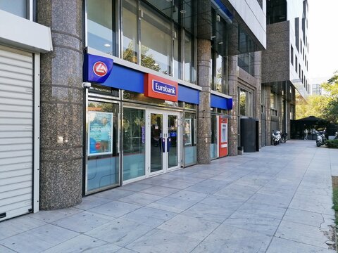 Athens,Greece-August 19,2019.Facade and logo of a Eurobank EFG  branch.