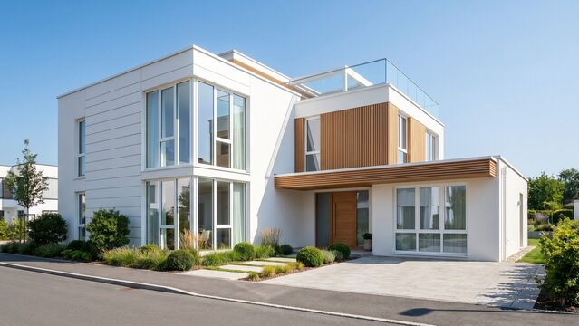 快晴の住宅街に建つ白い外壁と木目パネルが美しい大きな窓のある明るいモダン住宅外観イメージ