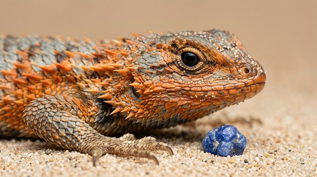 Bearded dragon lizard on sand next to a blue gemstone