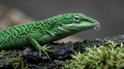 Fototapeta premium Close up of green lizard with water droplet on snout