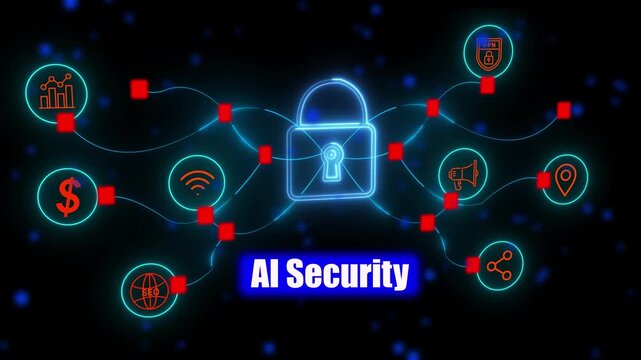 Intelligent AI driven cyber security and data privacy concept featuring glowing padlock symbol with connected digital business icons.
