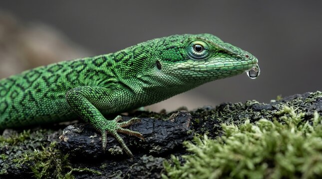 Close up of green lizard with water droplet on snout