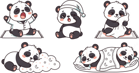 Cute cartoon panda bears bedtime vector illustration set featuring sleepy pandas yawning stretching and sleeping under blanket for kids nursery design © Protima