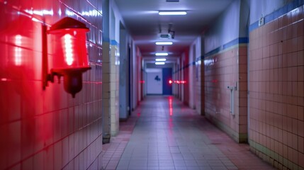 Naklejka premium Eerie, Dimly Lit Hallway with Red Light and Tiled Walls in Abandoned Building