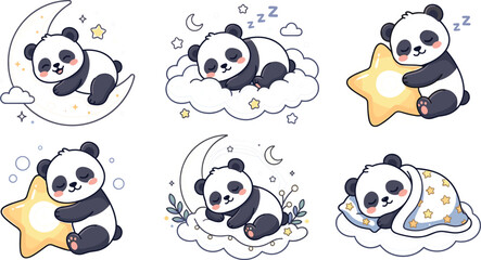 Cute cartoon panda bears bedtime vector sticker set featuring sleepy pandas sleeping on crescent moon clouds and stars for children nursery design © Protima