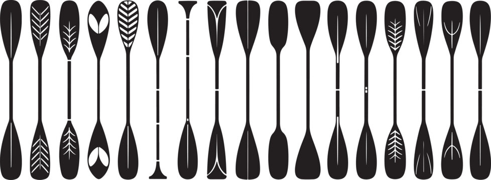 Different paddle designs, 20 varied boat and kayak oars vector icons set and blade and oar in solid style