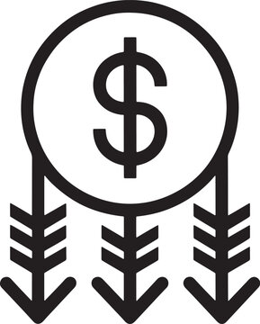 Dollar sign icon in a circle with three downward arrows, representing financial cost reduction and money in outline style
