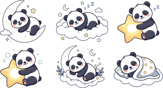 Cute cartoon panda bears bedtime vector sticker set featuring sleepy pandas sleeping on crescent moon clouds and stars for children nursery design