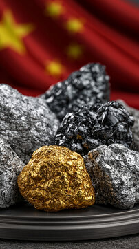 Precious Ores on Display: A collection of valuable mineral ores, including gold, silver, and coal, are showcased on a dark platter.