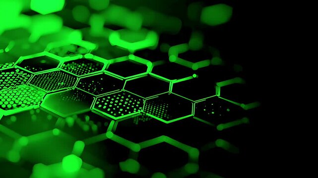 Abstract digital background with glowing green hexagonal patterns and data visualization.