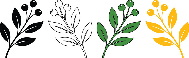 Berry branch vector set, four distinct styles of botanical elements. Minimalist berry and leaf illustrations, perfect for nature-inspired designs, branding, and decorative accents. © Farzana