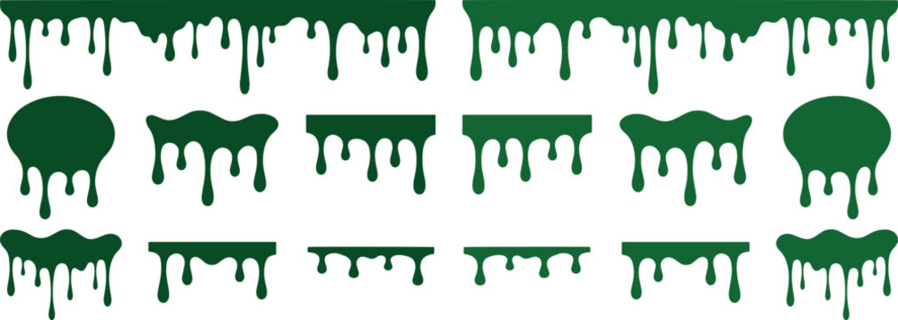 Green dripping liquid vector set, gooey slime borders, paint drips, and melting shapes. Halloween, horror, and toxic waste graphic elements for creative design projects.