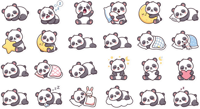 Cute cartoon panda bears bedtime vector sticker sheet featuring sleepy icons sleeping with moon and stars for children nursery design