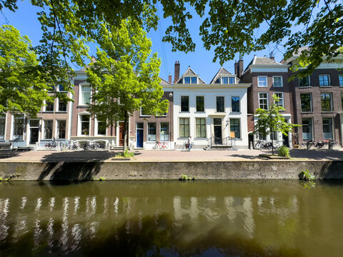 Historic canal houses beneath leafy trees in Delft city centre spring sunlight Netherlands