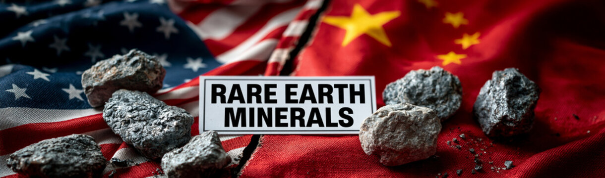 Rare Earth Minerals: A powerful visual symbolizing the geopolitical tension surrounding rare earth minerals, with the flags of the United States and China forming a backdrop for raw mineral samples.