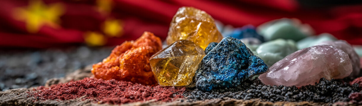 Colorful Mineral Collection with Flag: A vibrant display of assorted raw mineral and rock specimens, including amber, pyrite, lapis lazuli, and rose quartz, rests on a bed of colored sand.