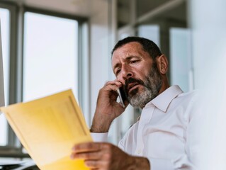 Fototapeta premium Focused businessman with salt and pepper beard talking on a smartphone while reviewing a yellow document, set in an airy glass office for corporate and executive content