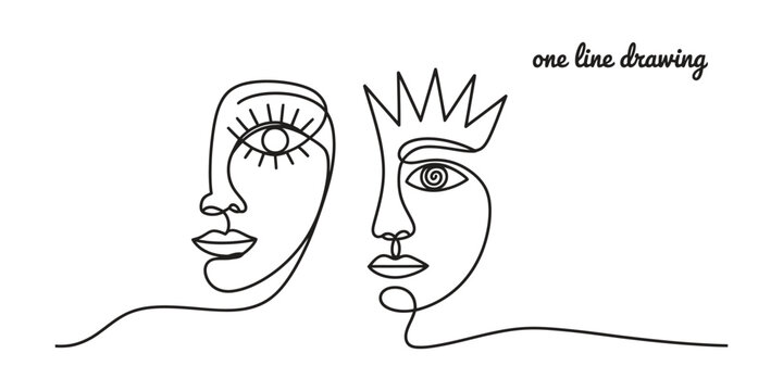 Abstract one line drawing of two human faces with crown