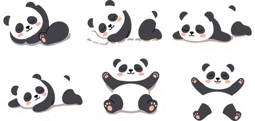 Cute cartoon panda bears vector character set featuring sleepy pandas lying down sleeping and stretching for baby nursery and sticker designs © Protima