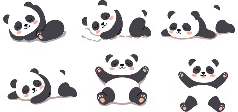 Cute cartoon panda bears vector character set featuring sleepy pandas lying down sleeping and stretching for baby nursery and sticker designs