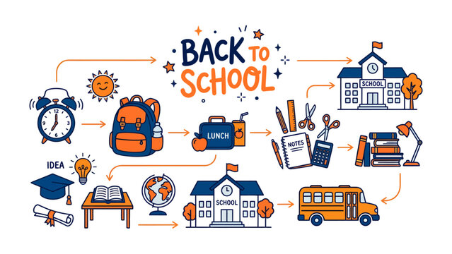 Back to School Infographic: A colorful and engaging infographic illustrating the essential elements of the school journey, from alarm clock and backpack to classroom and school bus.