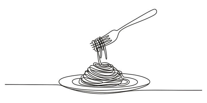 Continuous single line drawing of spaghetti pasta on a plate with a fork