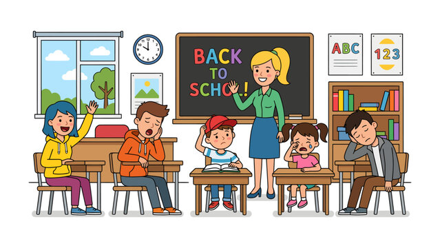 First Day Back Blues: A weary teacher attempts to engage a class of unenthusiastic students, some dozing, others bored, on the first day of school, illustrating the challenges of classroom motivation.