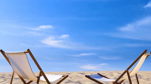 Beach scene with two wooden deck chairs on sunny shore