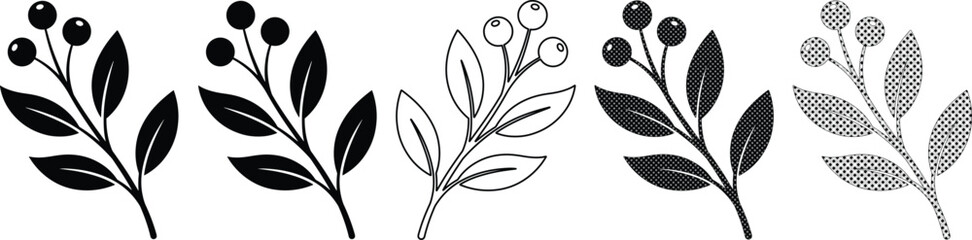 Minimalist berry branch vector set, five distinct botanical illustrations, black and white nature elements for elegant graphic design, decorative floral accents, and simple organic patterns. © Farzana