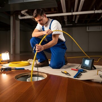 Man in blue overalls using a yellow cable to inspect a hole in the floor with tools and a monitor nearby in a basement