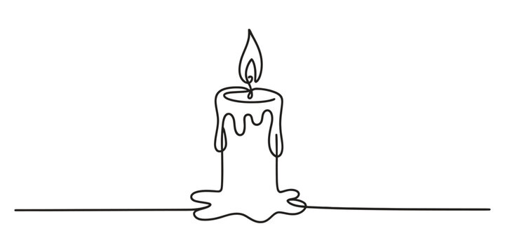 Continuous single line drawing of a burning candle with flame