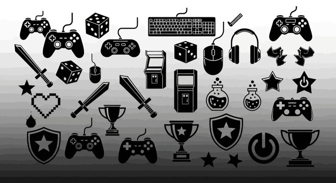 Video Game Icons Collection: Controllers, Swords, Trophies, Dice