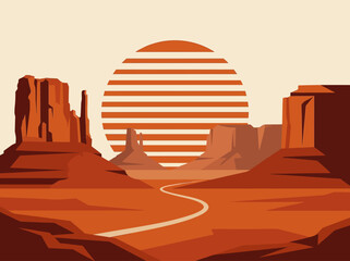 Naklejka premium Minimalist Retro Desert Landscape Vector Illustration of Monument Valley with Striped Sun