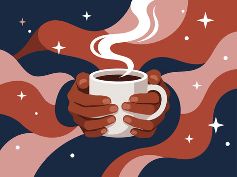 Hands Holding Steaming Coffee Mug Cozy Vector Illustration