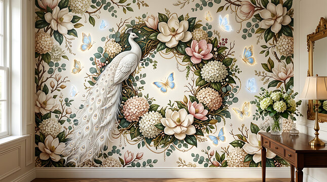 A white peacock standing on a floral wallpaper with butterflies and flowers in a room with a wooden table and mirror