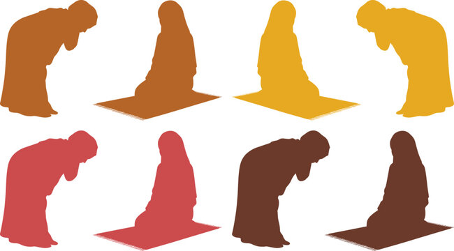 Muslim woman praying silhouette set, Islamic prayer poses, diverse female worship, spiritual devotion, religious observance vector collection for cultural and faith-based projects