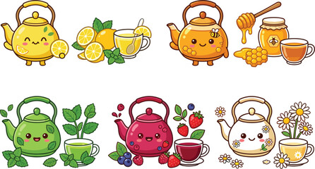 Cute cartoon teapot kettle characters paired with flavored teas including lemon honey mint berry and chamomile for cafe beverage menu graphic design © Protima