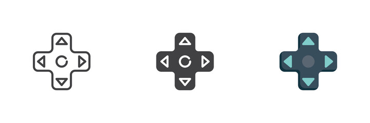 Console game controller icon set shows line, solid and flat colorful console game controller with color vector shapes  controller icon sign and symbol for gaming UI. © alekseyvanin