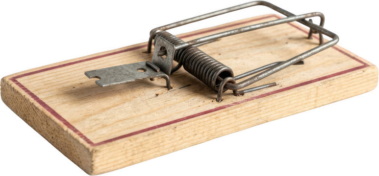 A classic wooden mousetrap with metal components and a coiled spring mechanism positioned on a flat surface ready for use pest control rodent control animal trap spring trap