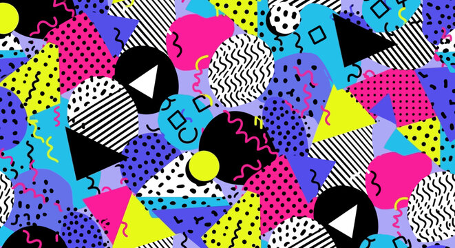 Retro 80s Memphis Style Pattern: Colorful Geometric Shapes