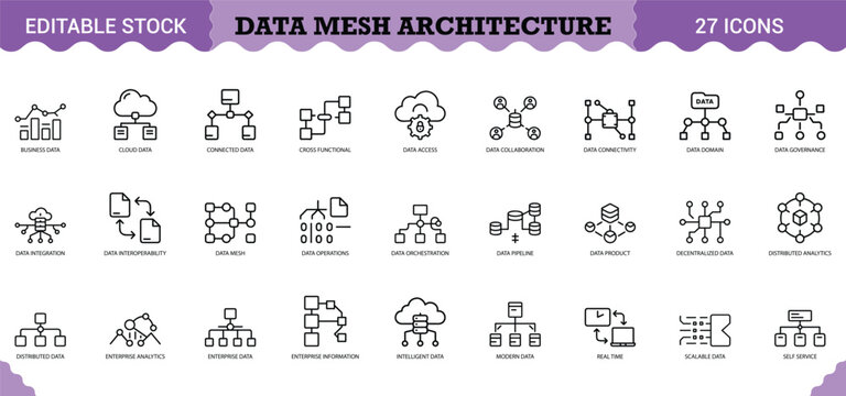 PrintData Mesh Architecture Icon Set - 27 Editable Vector Icons for Decentralized Data Management. Features data governance, data pipeline, cloud data, data product, distributed analytics, and self-se
