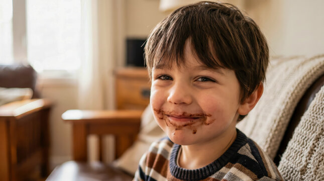 Portrait of a happy young boy with a messy chocolate face sitting on a sofa