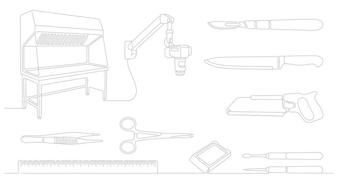 Medical laboratory equipment line art set, surgical instruments and scientific tools vector, sterile lab workstation and pathology icons