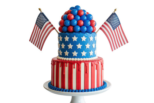 Two-tier cake decorated with red and white stripes and blue stars, topped with red and blue spheres and two small american flags on black