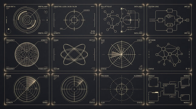 Futuristic hud interface elements, digital data visualization, scifi dashboard panels with radar, network graphs, orbital maps, and system logic flowcharts on dark background